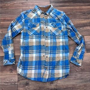 Men’s Casual Blue and Tan Plaid Flannel Button-Down Shirt in Size Large Tall